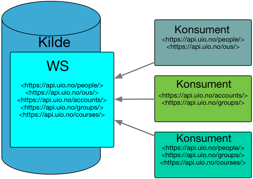Illustrasjon av en WS sitt API, og konsumenter som leser data